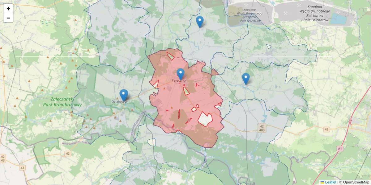 Szczegółowa mapa kodu pocztowego 98-330 z granicami, sąsiednimi kodami pocztowymi i urzędami pocztowymi