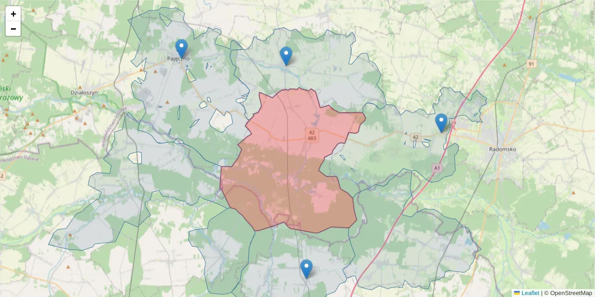 Szczegółowa mapa kodu pocztowego 98-331 z granicami, sąsiednimi kodami pocztowymi i urzędami pocztowymi