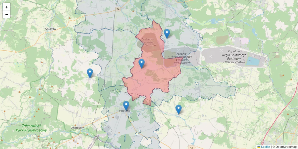 Szczegółowa mapa kodu pocztowego 98-332 z granicami, sąsiednimi kodami pocztowymi i urzędami pocztowymi