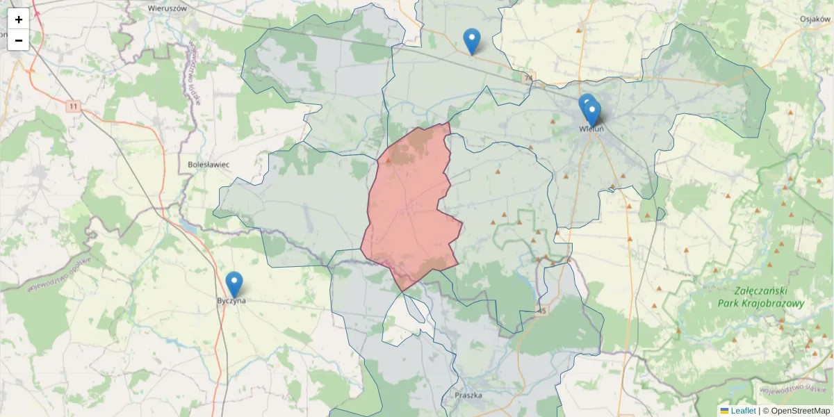 Szczegółowa mapa kodu pocztowego 98-346 z granicami, sąsiednimi kodami pocztowymi i urzędami pocztowymi