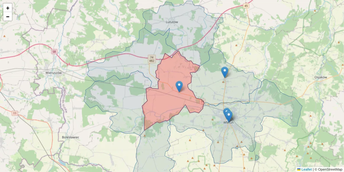 Szczegółowa mapa kodu pocztowego 98-350 z granicami, sąsiednimi kodami pocztowymi i urzędami pocztowymi
