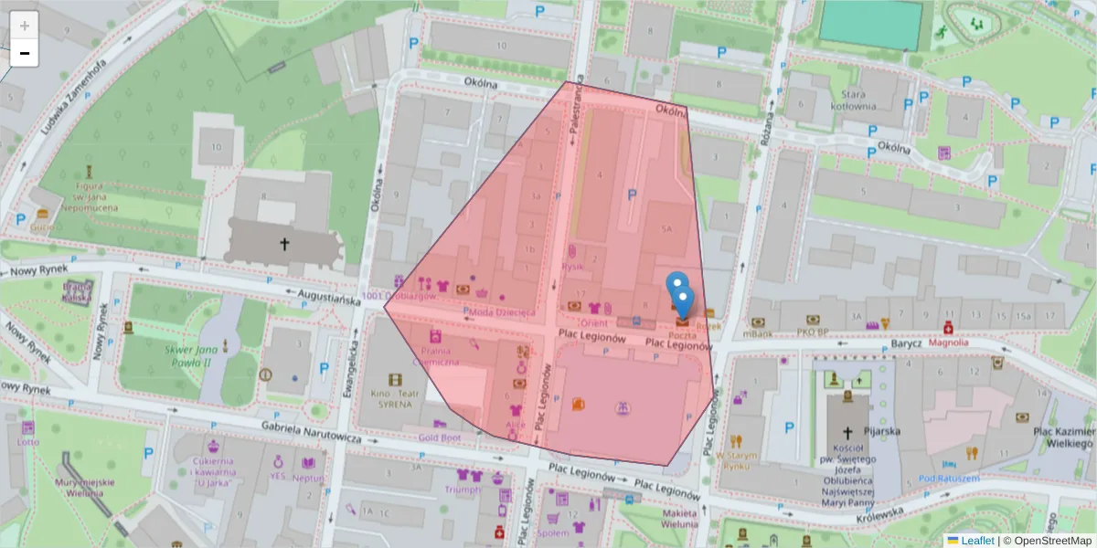 Szczegółowa mapa kodu pocztowego 98-399 z granicami, sąsiednimi kodami pocztowymi i urzędami pocztowymi