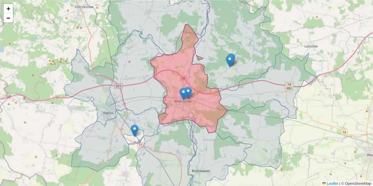 Szczegółowa mapa kodu pocztowego 98-400 z granicami, sąsiednimi kodami pocztowymi i urzędami pocztowymi