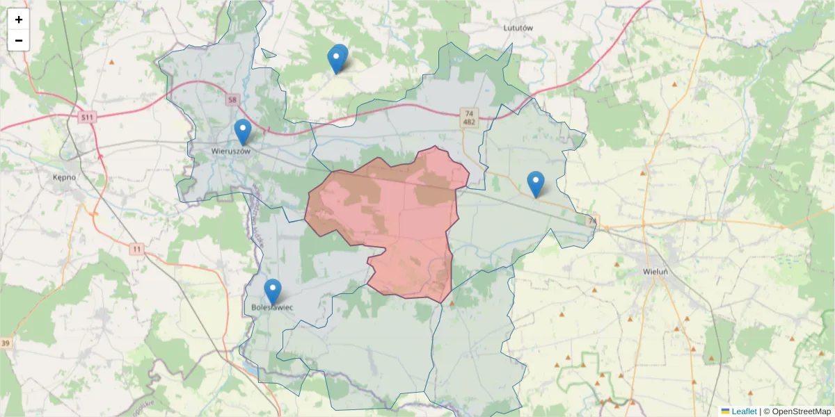 Szczegółowa mapa kodu pocztowego 98-410 z granicami, sąsiednimi kodami pocztowymi i urzędami pocztowymi