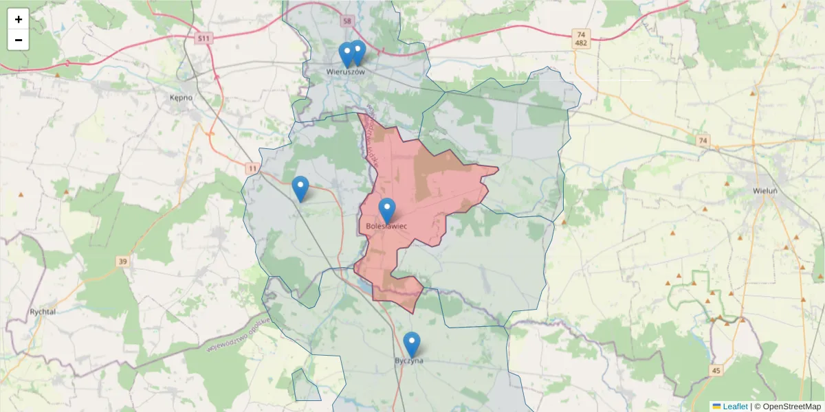 Szczegółowa mapa kodu pocztowego 98-430 z granicami, sąsiednimi kodami pocztowymi i urzędami pocztowymi
