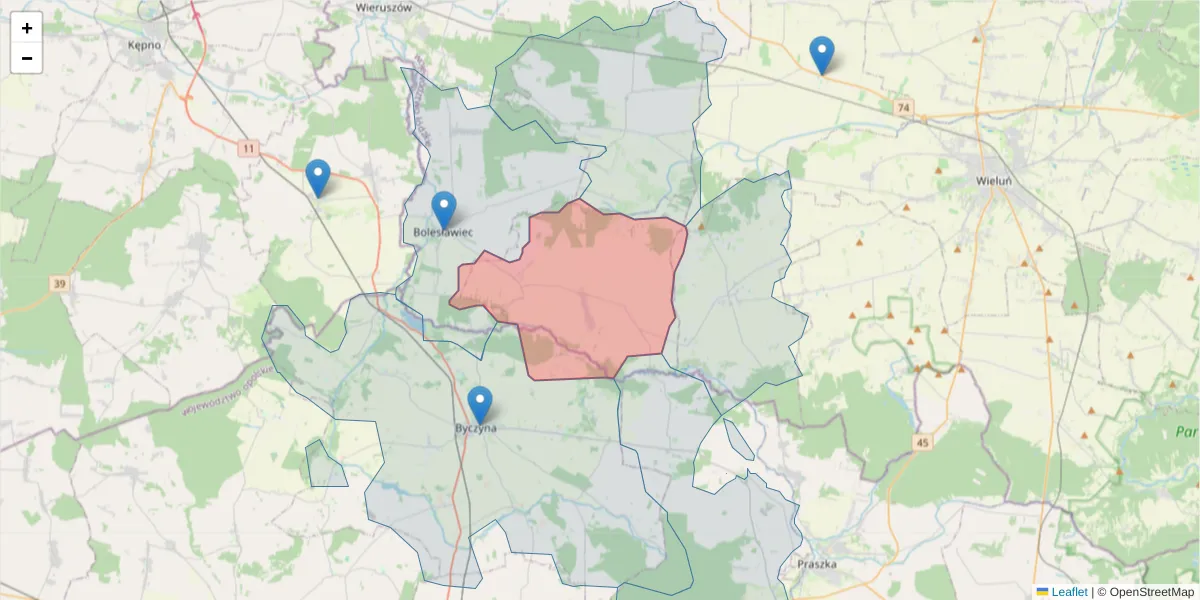 Szczegółowa mapa kodu pocztowego 98-432 z granicami, sąsiednimi kodami pocztowymi i urzędami pocztowymi