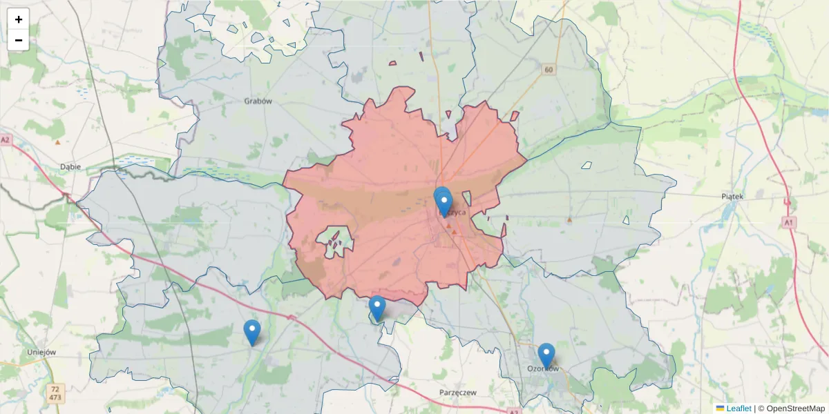 Szczegółowa mapa kodu pocztowego 99-100 z granicami, sąsiednimi kodami pocztowymi i urzędami pocztowymi