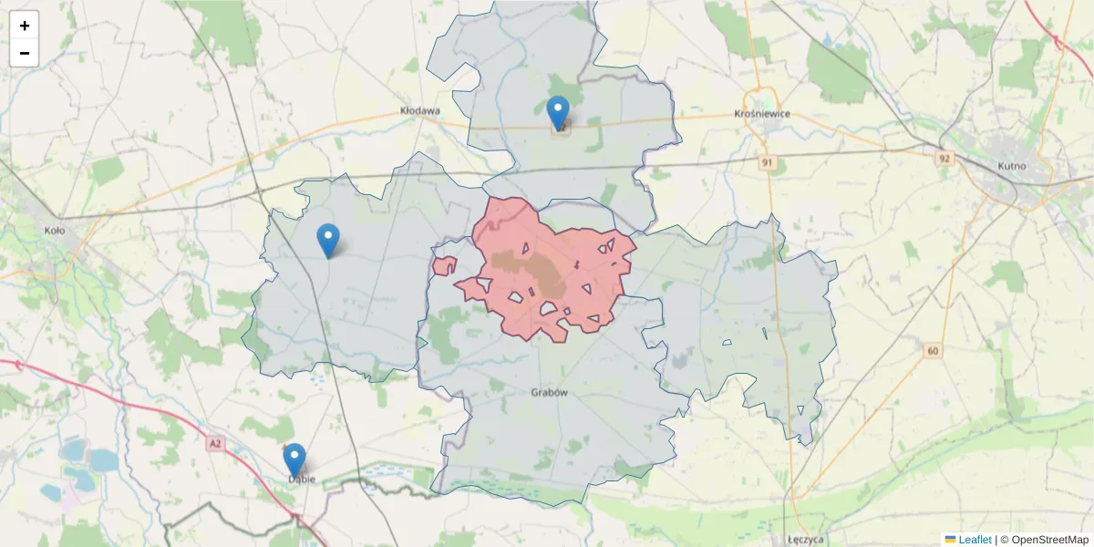 Szczegółowa mapa kodu pocztowego 99-106 z granicami, sąsiednimi kodami pocztowymi i urzędami pocztowymi
