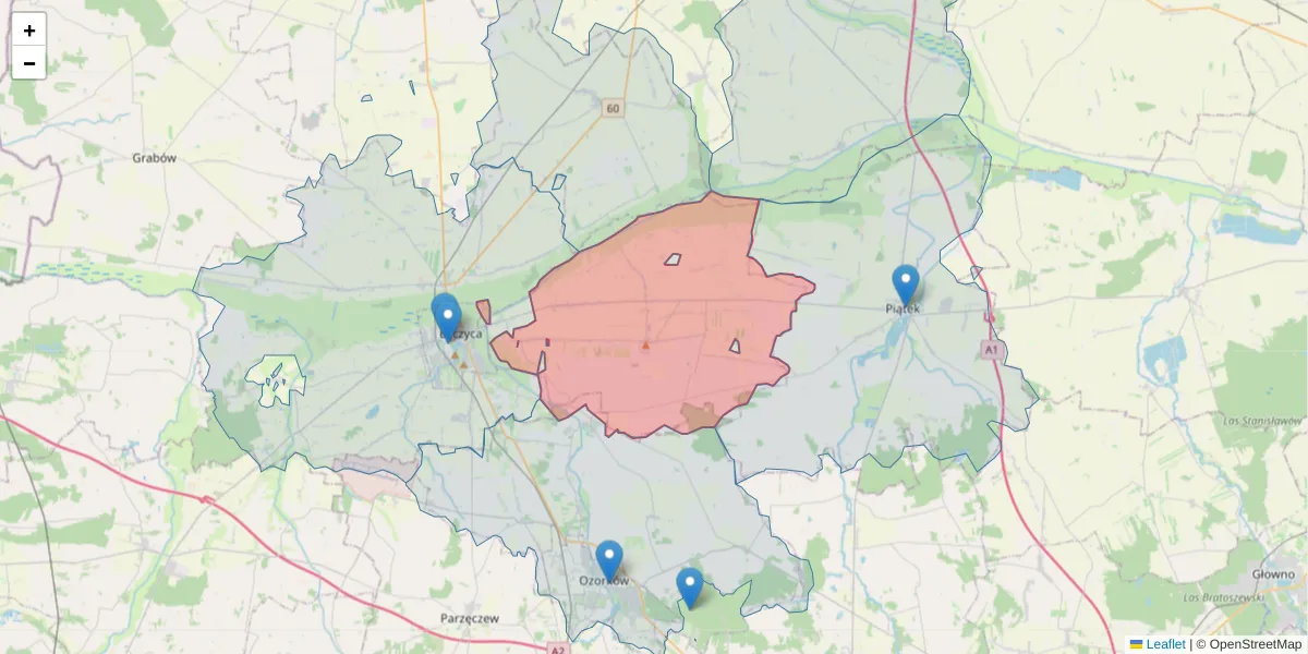 Szczegółowa mapa kodu pocztowego 99-122 z granicami, sąsiednimi kodami pocztowymi i urzędami pocztowymi