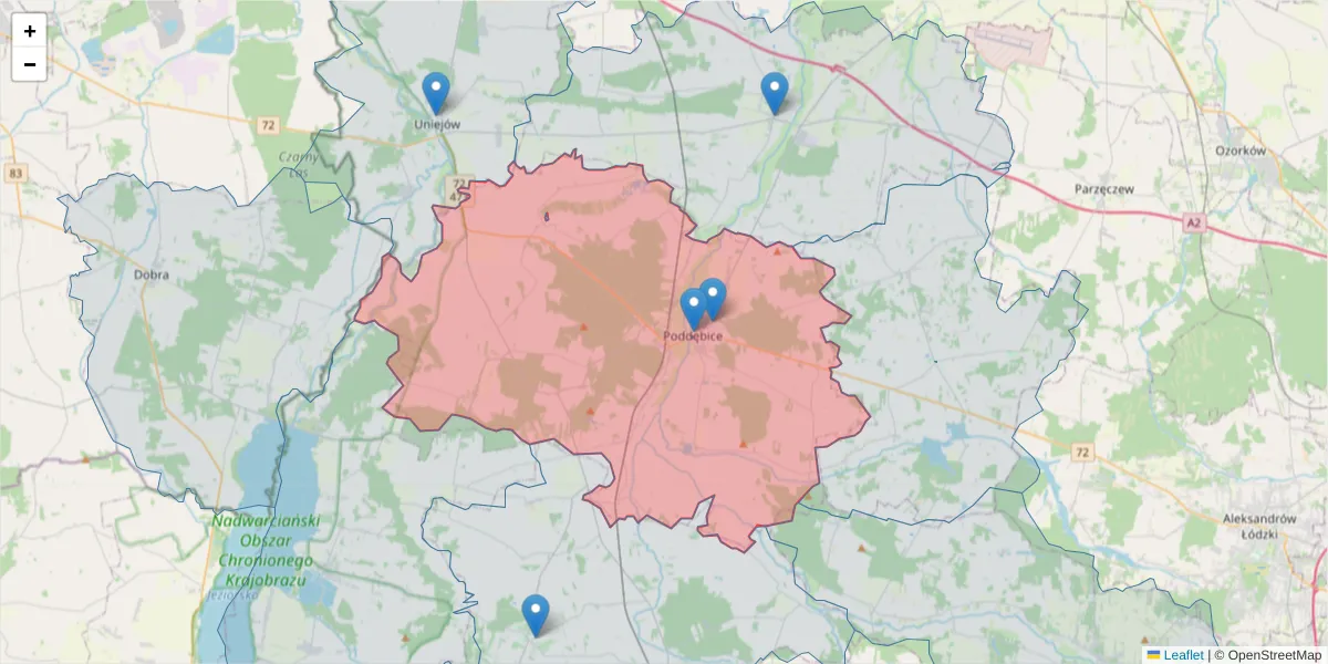 Szczegółowa mapa kodu pocztowego 99-200 z granicami, sąsiednimi kodami pocztowymi i urzędami pocztowymi