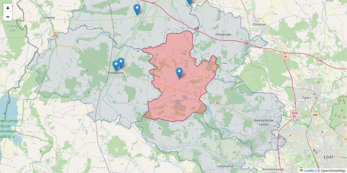 Szczegółowa mapa kodu pocztowego 99-205 z granicami, sąsiednimi kodami pocztowymi i urzędami pocztowymi