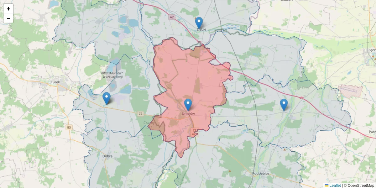 Szczegółowa mapa kodu pocztowego 99-210 z granicami, sąsiednimi kodami pocztowymi i urzędami pocztowymi