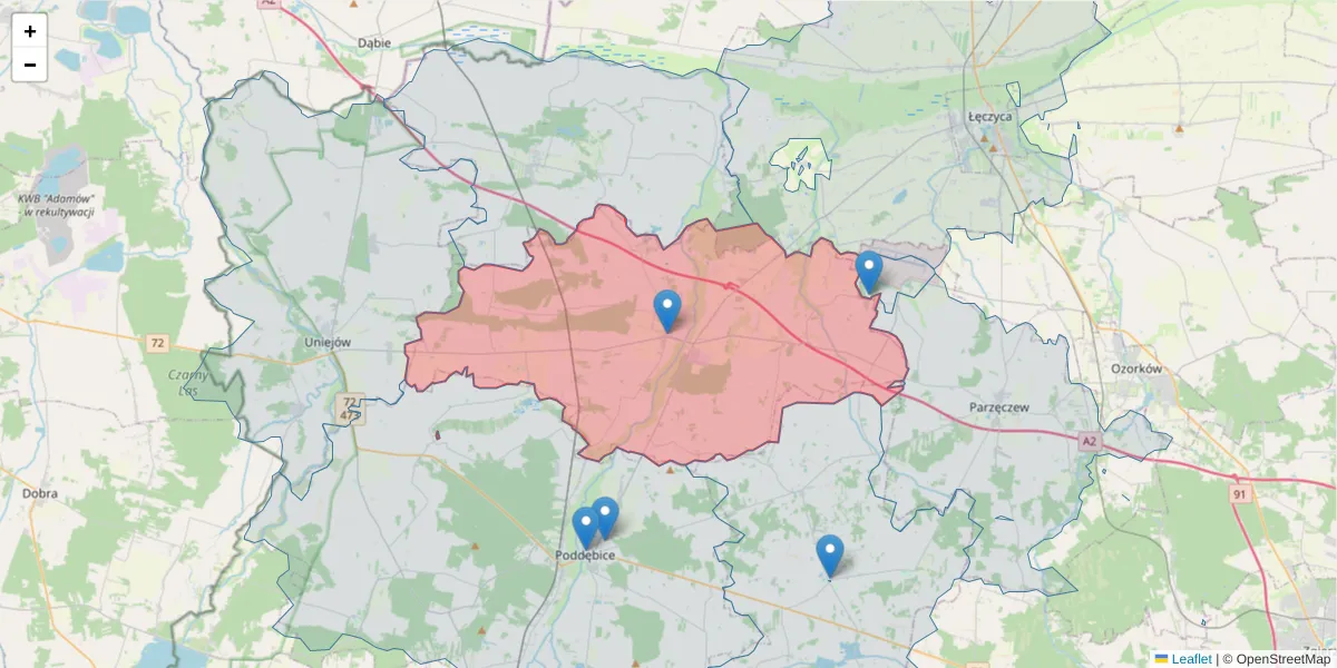 Szczegółowa mapa kodu pocztowego 99-220 z granicami, sąsiednimi kodami pocztowymi i urzędami pocztowymi