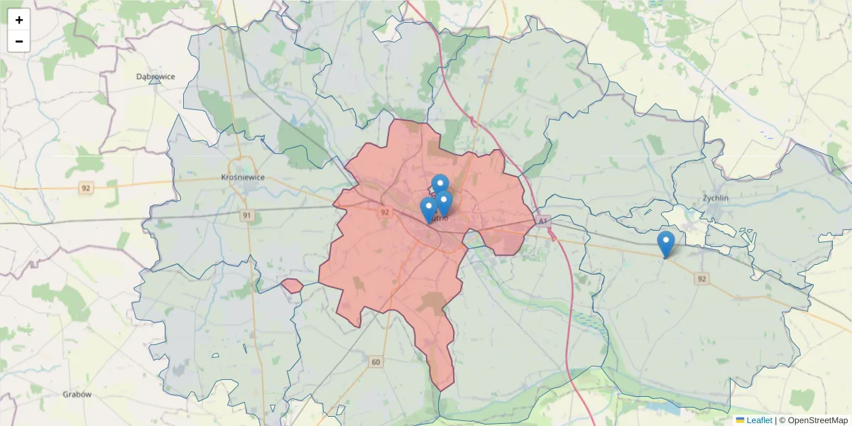 Szczegółowa mapa kodu pocztowego 99-300 z granicami, sąsiednimi kodami pocztowymi i urzędami pocztowymi