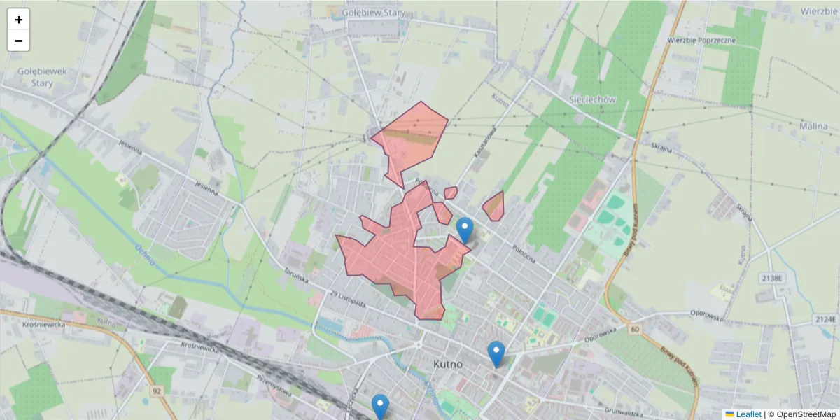 Szczegółowa mapa kodu pocztowego 99-302 z granicami, sąsiednimi kodami pocztowymi i urzędami pocztowymi