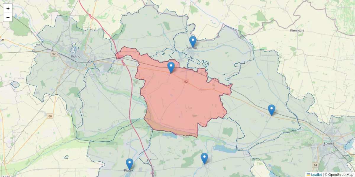 Szczegółowa mapa kodu pocztowego 99-311 z granicami, sąsiednimi kodami pocztowymi i urzędami pocztowymi