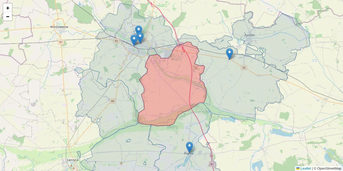 Szczegółowa mapa kodu pocztowego 99-314 z granicami, sąsiednimi kodami pocztowymi i urzędami pocztowymi