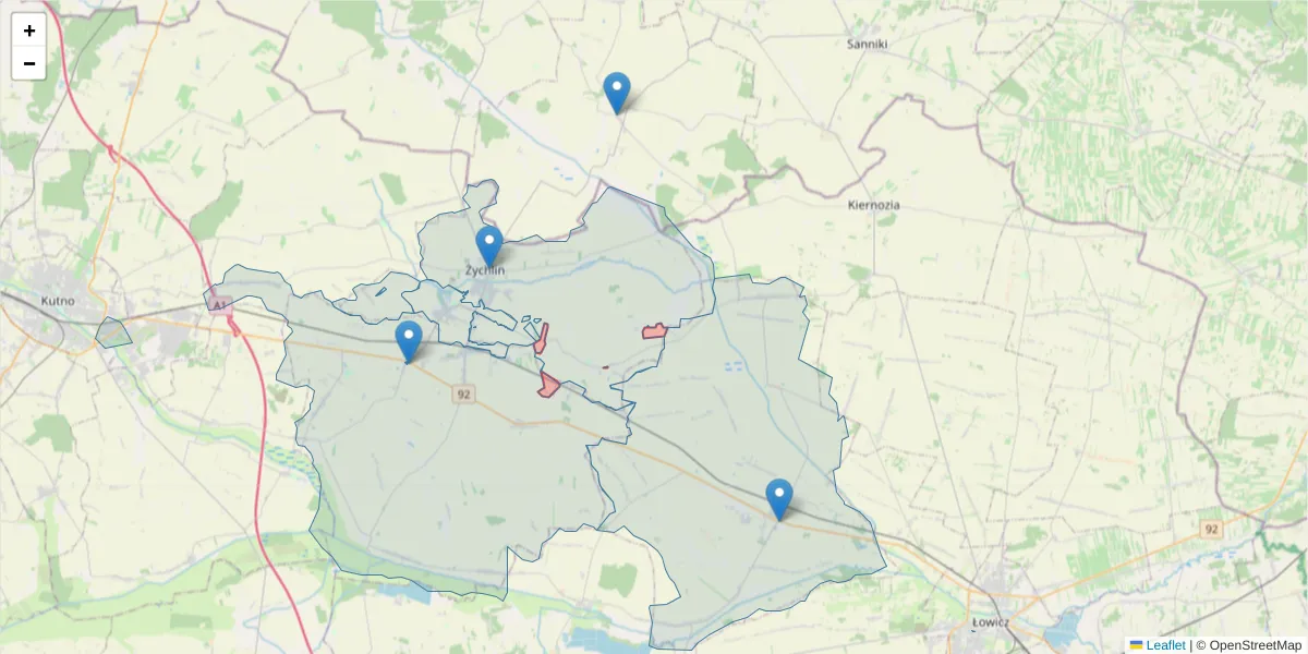Szczegółowa mapa kodu pocztowego 99-321 z granicami, sąsiednimi kodami pocztowymi i urzędami pocztowymi