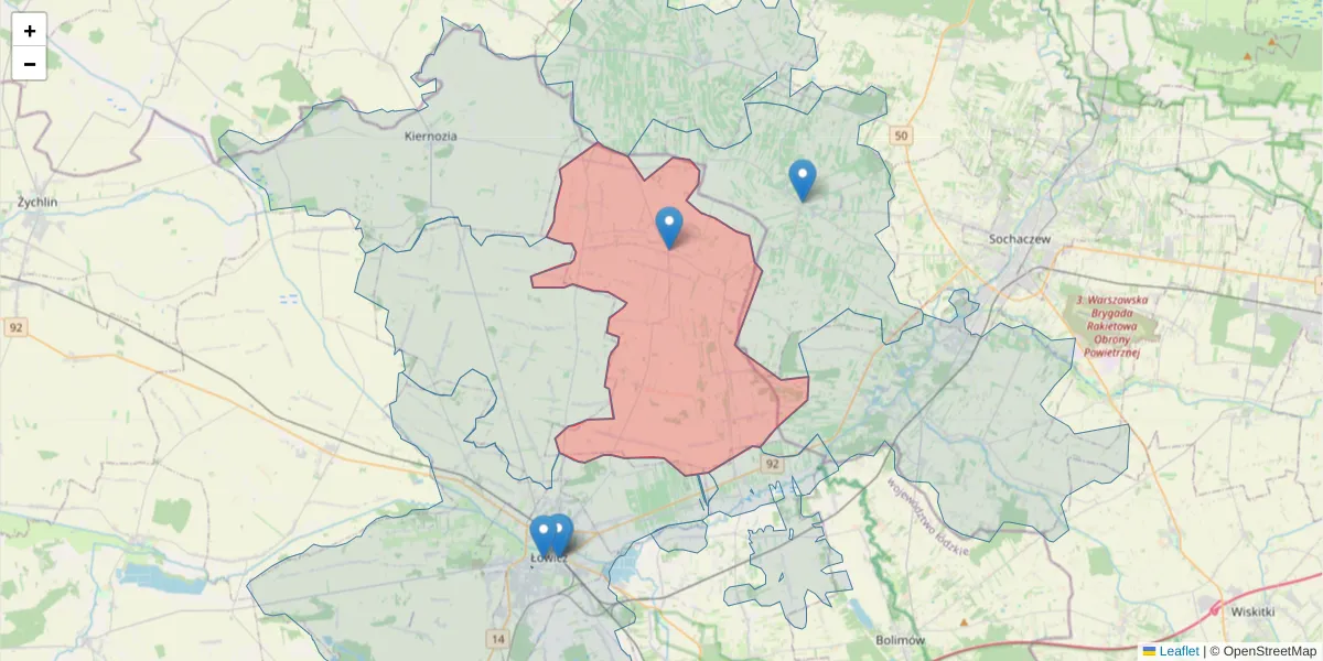 Szczegółowa mapa kodu pocztowego 99-414 z granicami, sąsiednimi kodami pocztowymi i urzędami pocztowymi