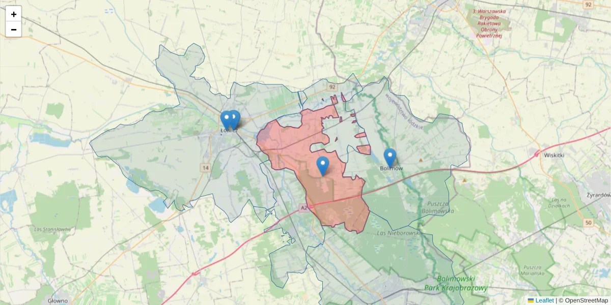 Szczegółowa mapa kodu pocztowego 99-416 z granicami, sąsiednimi kodami pocztowymi i urzędami pocztowymi