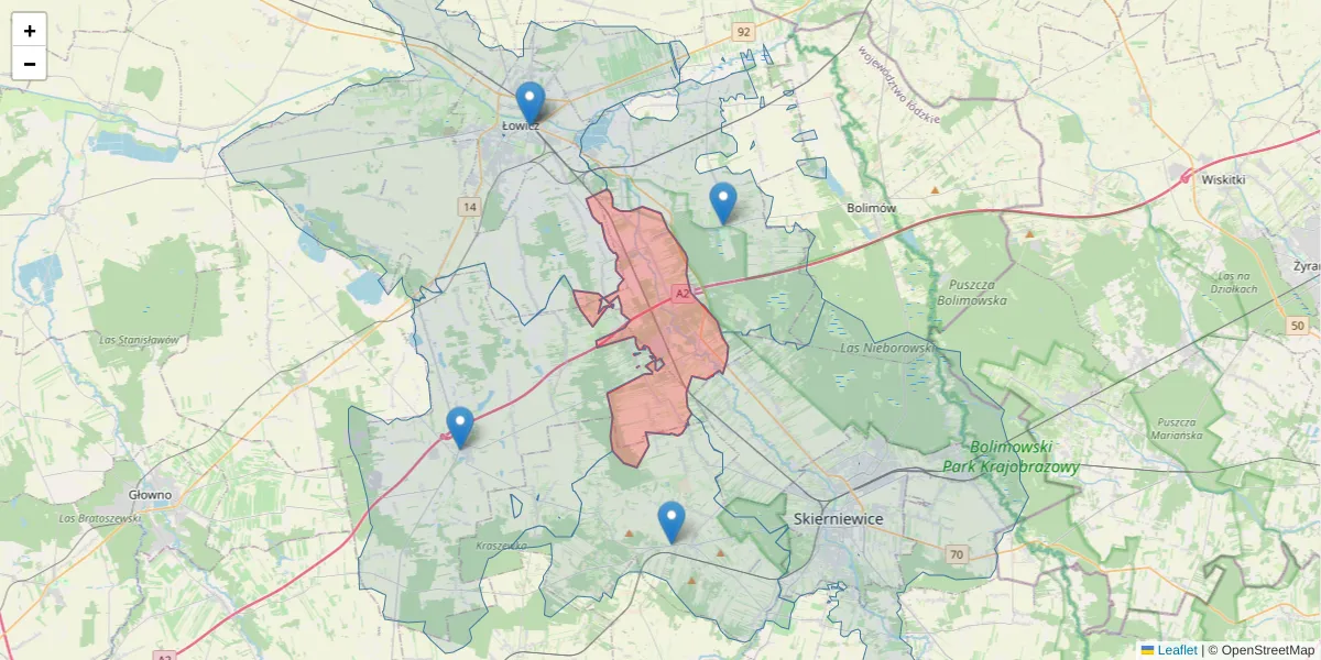 Szczegółowa mapa kodu pocztowego 99-418 z granicami, sąsiednimi kodami pocztowymi i urzędami pocztowymi