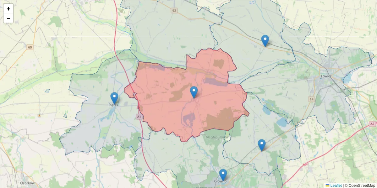 Szczegółowa mapa kodu pocztowego 99-423 z granicami, sąsiednimi kodami pocztowymi i urzędami pocztowymi